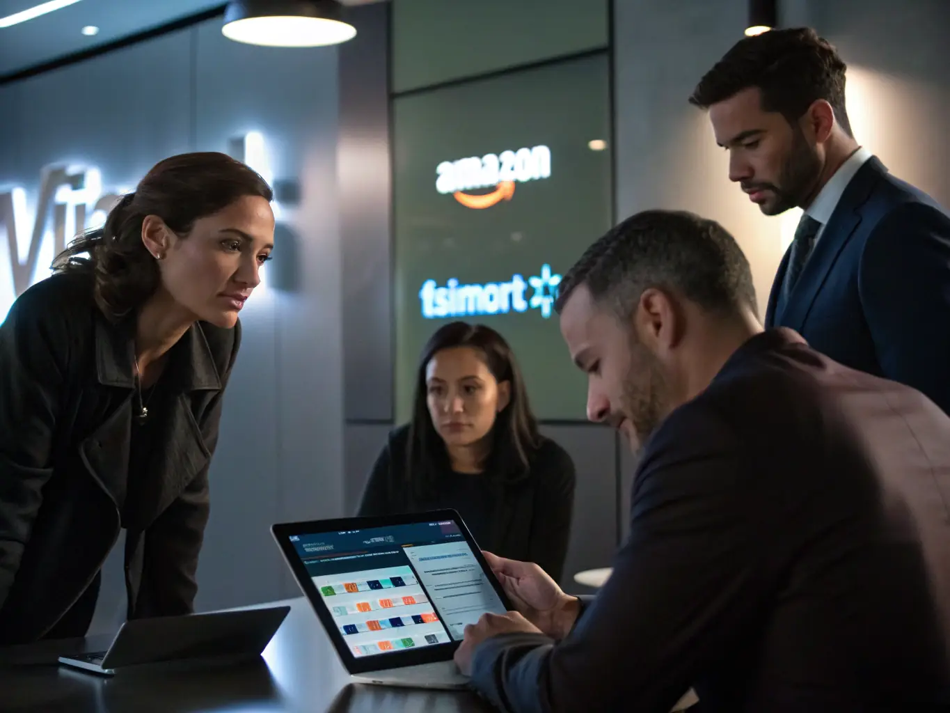 A professional business team collaborating in a modern office setting, reviewing discount card options on a tablet, with prominent brand logos like Nike, Walmart, and Amazon subtly displayed in the background to represent the range of available discounts.