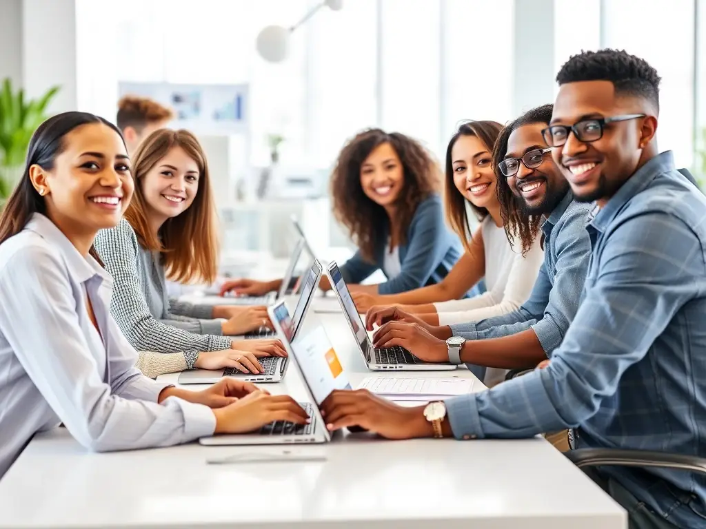 Employees are happily shopping online using Sezzle discount cards on their laptops, showcasing the improved shopping experience and convenience.