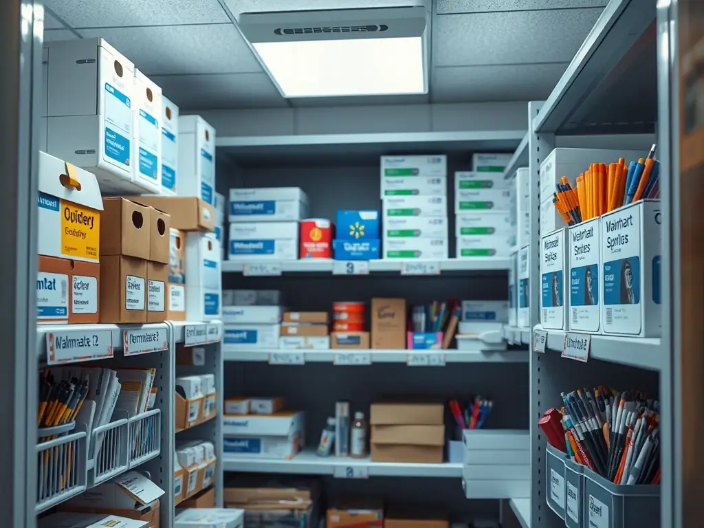 A well-organized office supply closet, showcasing bulk purchases of office essentials made possible through Walmart discount cards.