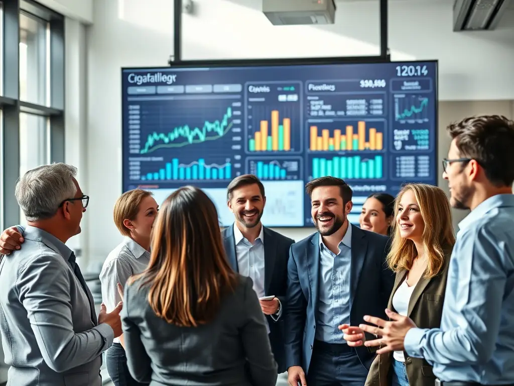 A professional business team is reviewing financial reports and discussing cost-saving strategies in a modern office setting, emphasizing the benefits of Sezzle's discount cards.