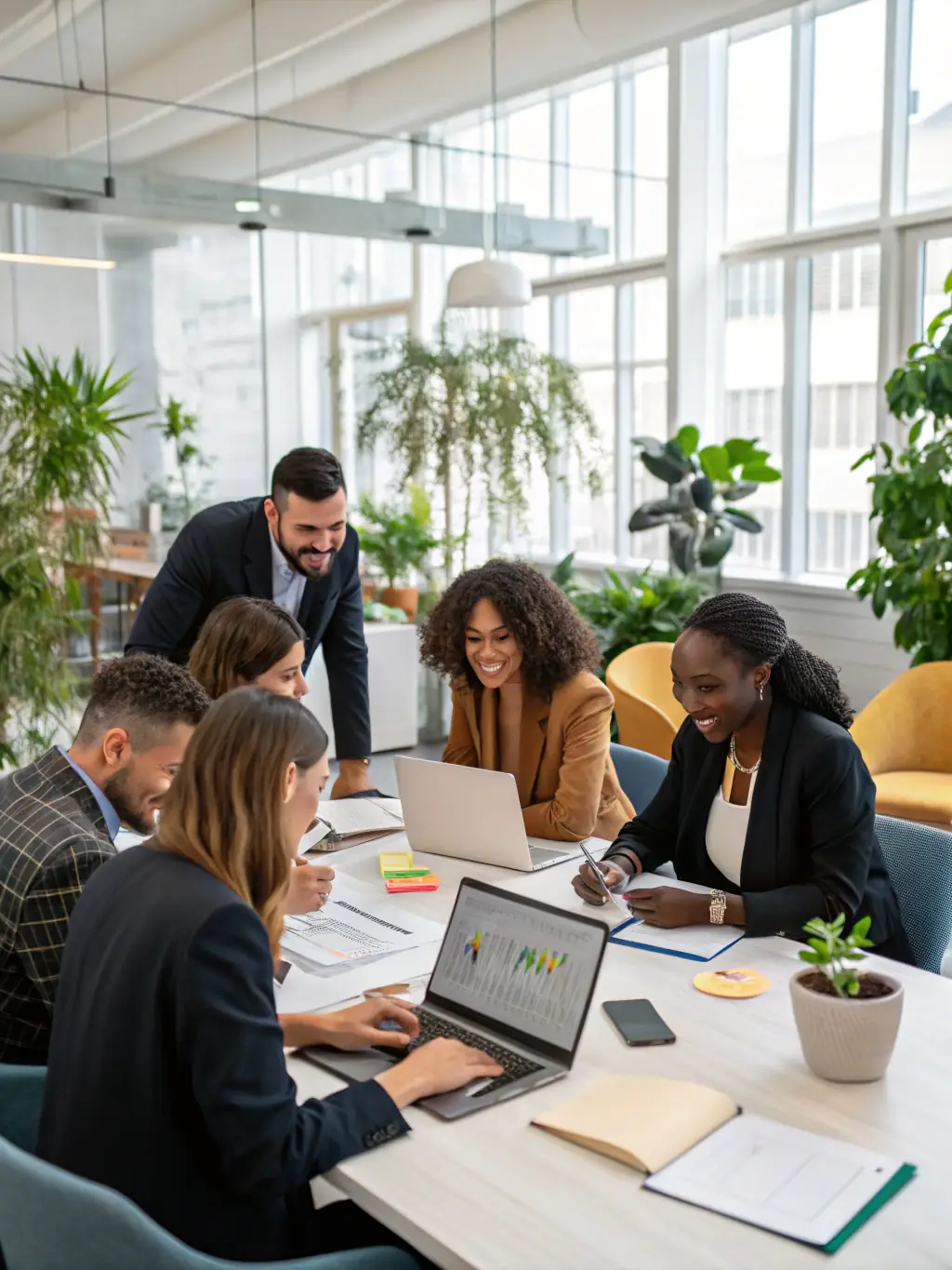 A professional business setting with diverse team members collaborating on financial strategies, showcasing Sezzle's commitment to innovation and partnership in financial solutions.