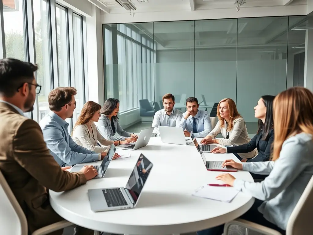 A professional business setting with employees discussing procurement strategies, highlighting the use of Nike discount cards for employee benefits and company apparel.