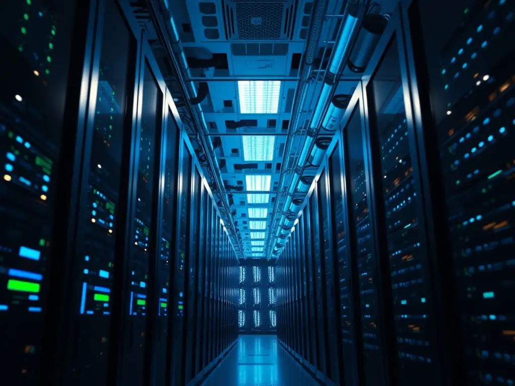 A modern data center with servers and networking equipment, emphasizing the use of Amazon Web Services (AWS) and the savings achieved through Amazon discount cards.